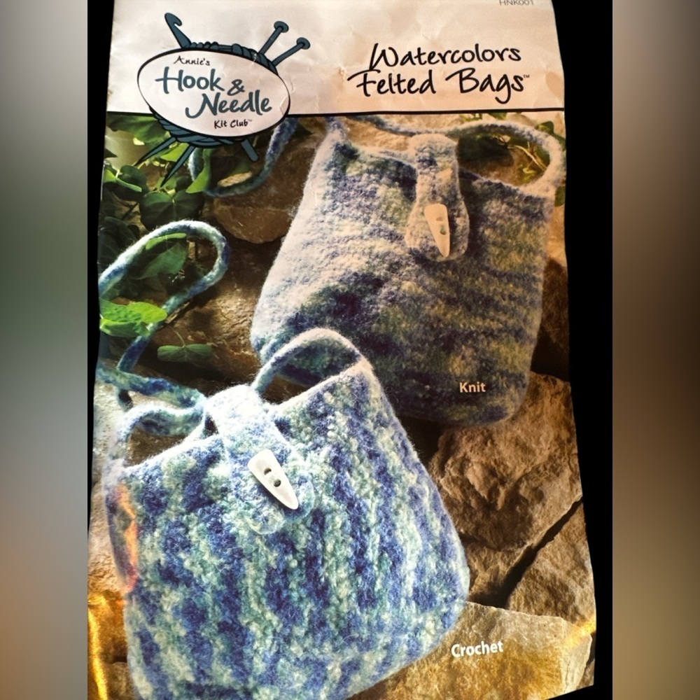 “Hook & Needle Kit Club” Watercolors Felted Bag Kit-yarn, button & directions